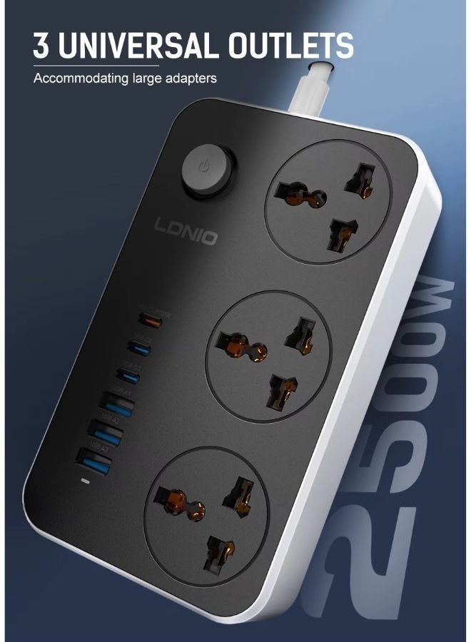 LDNIO Universal 3 Power Socket with 3 C Port 3 USB-A Extension – 2m Power Strip Charging Station, Perfect for Home/Office Use – Smart Auto-ID USB Ports, 2500W Surge Protection, Flame-Resistant, Black/Grey Rohs certification - Image 2